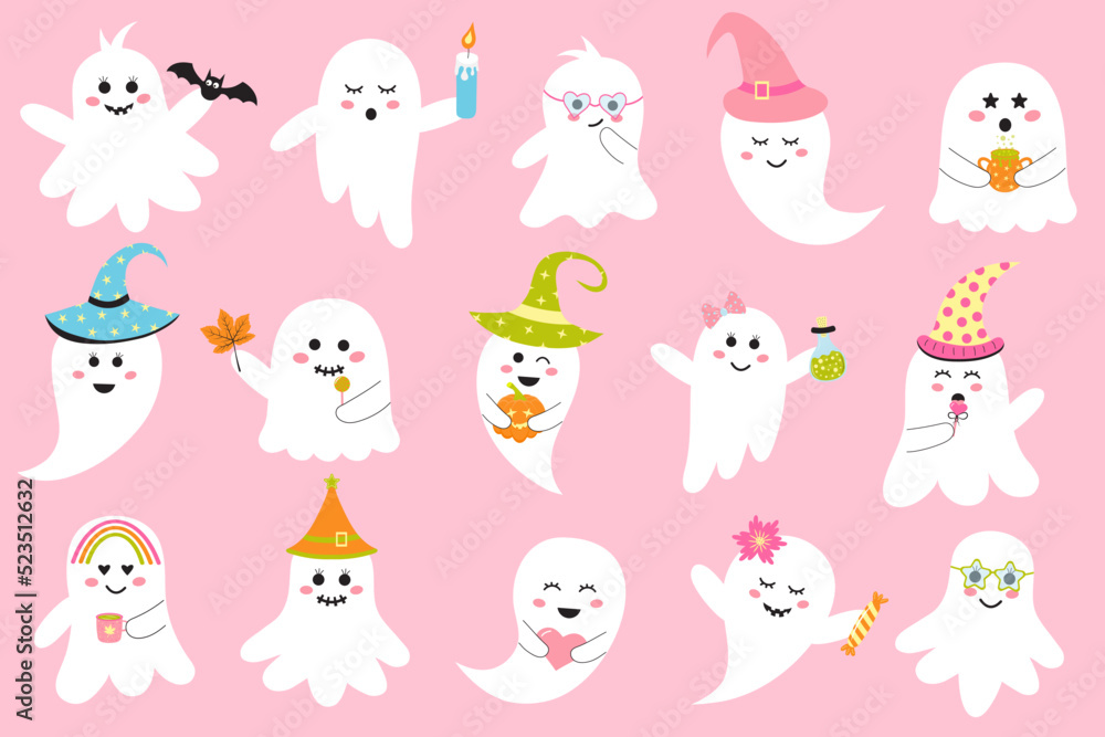Cute pink halloween ghosts set. Creepy baby boo characters for kids. Magic scary spirits with different emotions, facial expressions and accessories. Perfect for holiday, decoration, stickers, icons.