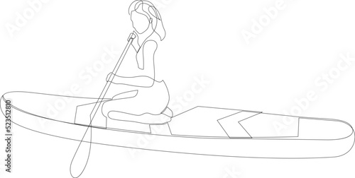 Continuous one line drawing of sup girl. Woman on a paddle board in the sea. Vector illustration.