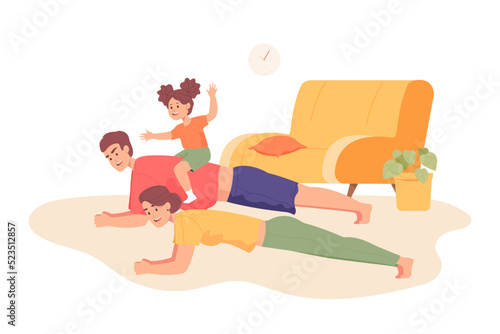 Daughter sitting on back of father holding plank at home. Parents doing exercises or workout together flat vector illustration. Family, sports concept for banner, website design or landing web page