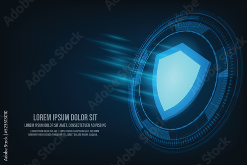 Vector blue shield with glowing effect. Security data concept. Technology on blue background.
