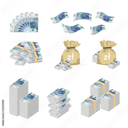 Polish Zloty Vector Illustration. Huge packs of Poland money set bundle banknotes. Bundle with cash bills. Deposit, wealth, accumulation and inheritance. Falling money 50 PLN