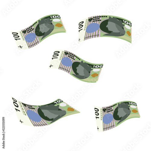 Polish Zloty Vector Illustration. Poland money set bundle banknotes. Falling, flying money 100 PLN. Flat style. Isolated on white background. Simple minimal design.