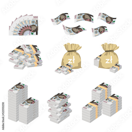Polish Zloty Vector Illustration. Huge packs of Poland money set bundle banknotes. Bundle with cash bills. Deposit  wealth  accumulation and inheritance. Falling money 500 PLN