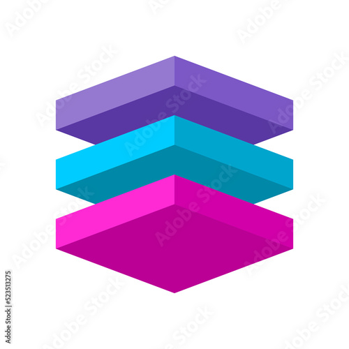 Three colorful 3D panels. Three layers project infographic. Architecture, construction, building concept. Moving up arrow. Terrace design element. Isometric plates float. Vector illustration, clip art