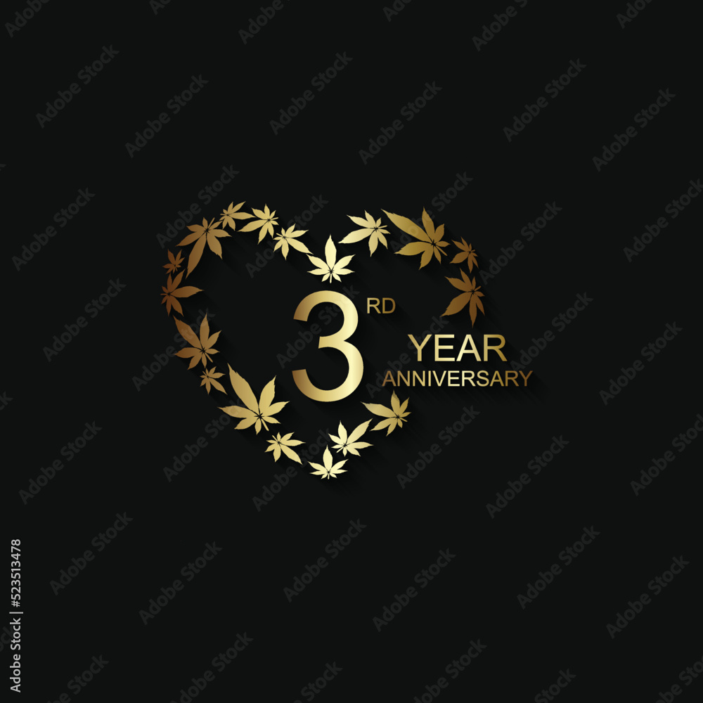 3rd anniversary logo in gold color with marijuana leaves  isolated on black background, vector design for greeting card and invitation card.