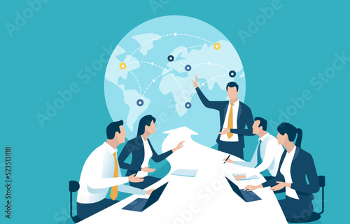 Global trade, investing. Male leader points to a globe. The team sits at a table in the shape of an arrow pointing to a globe. Business vector illustration. 