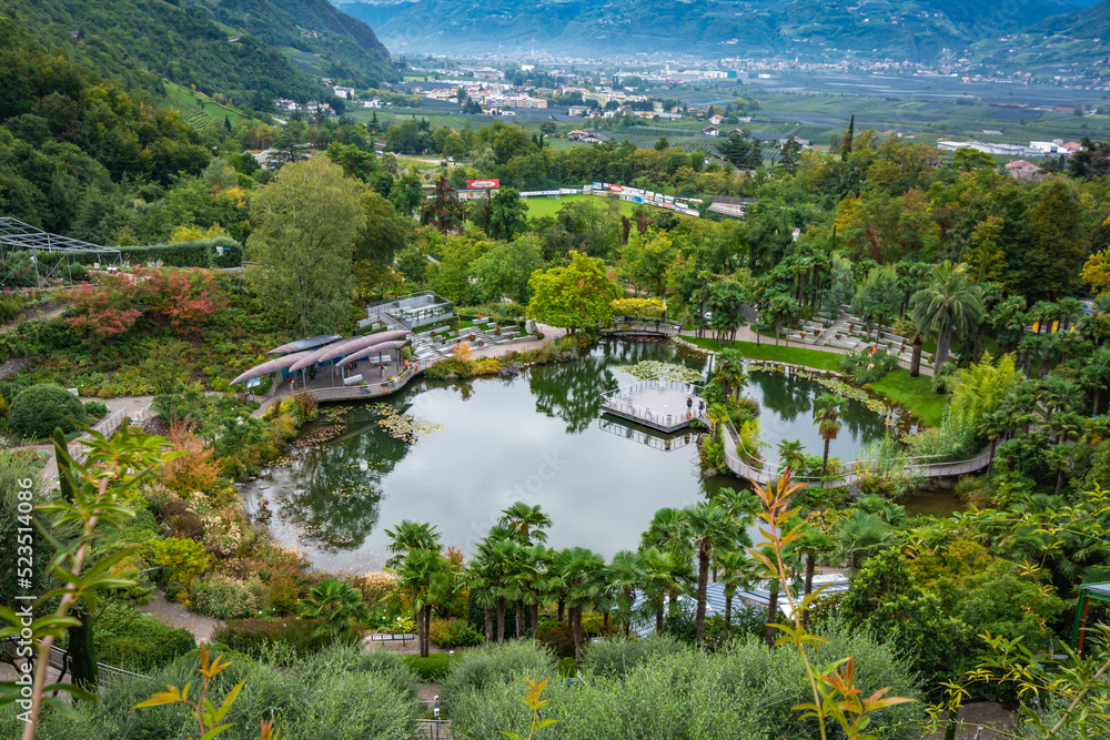 Merano’s Gardens of Trauttmansdorff Castle - A one of a kind botanical garden located in Merano, South Tyrol, northern Italy  - obrazy, fototapety, plakaty 