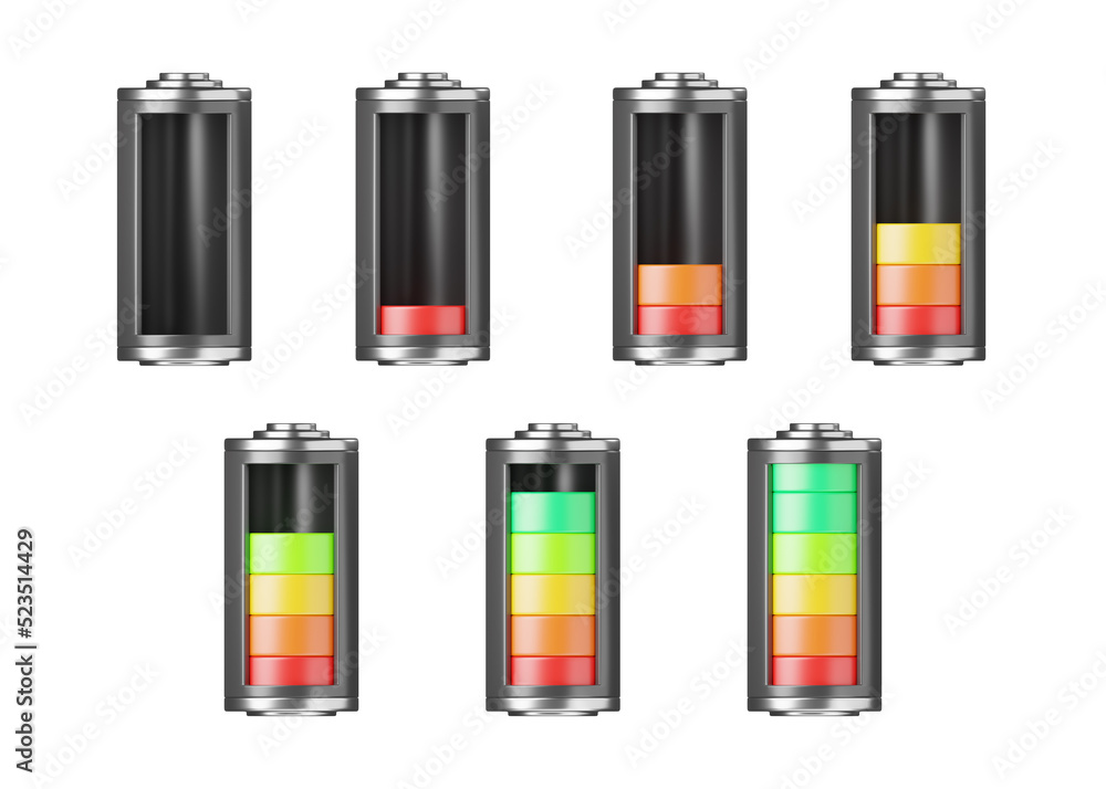 Battery 3d icon - level empty, low and empty capacity, energy storage. Power charge, lithium accumulator set Battery 3d icon - level empty, low and empty capacity, energy storage. Power charge, lithium accumulator set