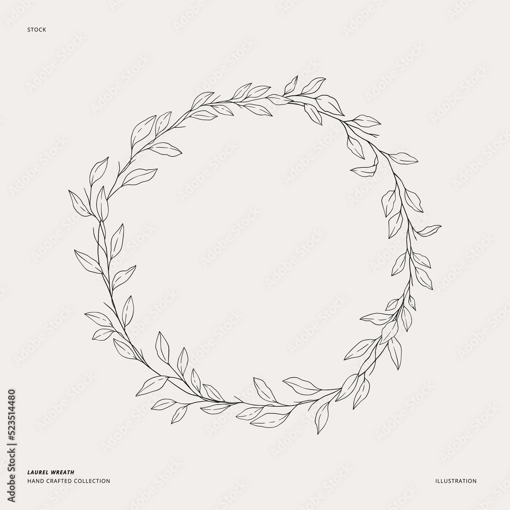 Hand drawn vector laurel wreath. Wreath of gentle branches and leaves ...