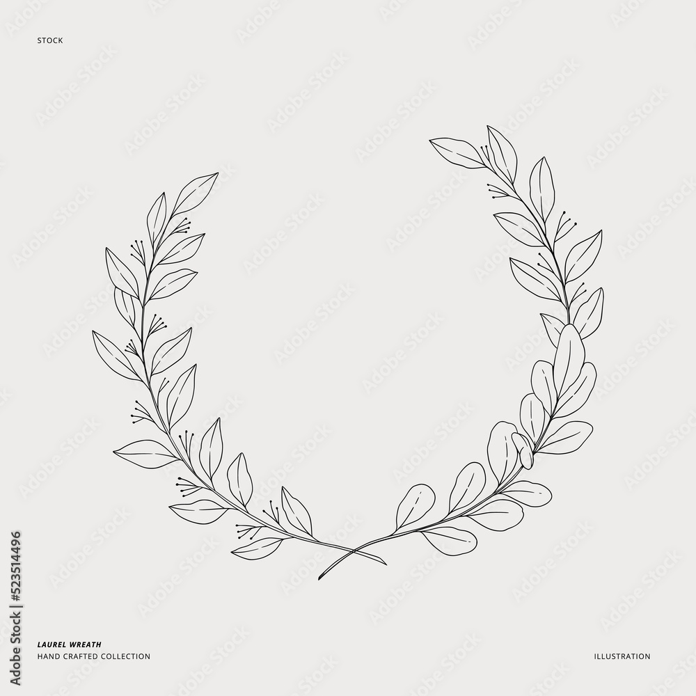Obraz premium Hand drawn vector laurel wreath. Wreath of eucalyptus branches and leaves. Linear illustration. Botanical Design elements. Perfect for wedding invitations, greeting cards, prints, posters, logo