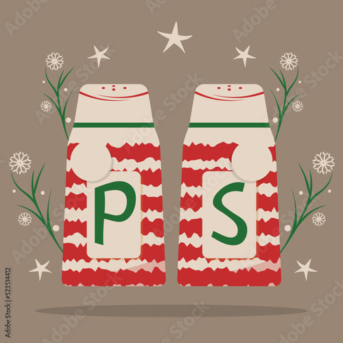 Christmas Ceramic salt and pepper shakers bottles isolated. Cozy cartoon style. Vector Flat  illustration.