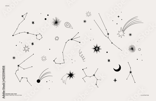 Modern hand drawn vector illustration of constellations, planet, star, sun, comet. Mystical astrology. Universe line drawings. Solar system. Starry sky. Perfect for tarot, tattoo, cards, articles