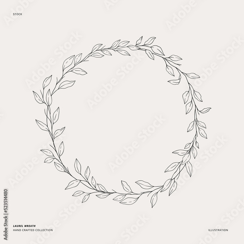 Hand drawn vector laurel wreath. Wreath of gentle branches and leaves. Linear illustration. Botanical Design elements. Perfect for wedding invitations, greeting cards, prints, posters, logo