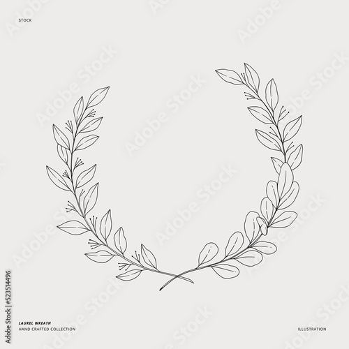 Hand drawn vector laurel wreath. Wreath of eucalyptus branches and leaves. Linear illustration. Botanical Design elements. Perfect for wedding invitations, greeting cards, prints, posters, logo