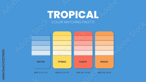 Tropical color guide book cards samples. Color theme palettes or color schemes collection. Colour combinations in RGB or HEX. Set of trend color swatch cataloque inspiration for fashion or design.