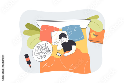 Man with tangled chaos in thoughts lying in bed without sleep. Insomnia of sad male character at night flat vector illustration. Depression concept for banner, website design or landing web page