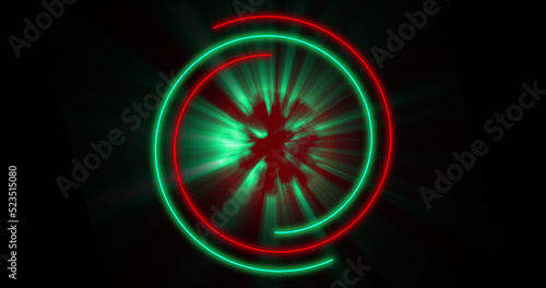 Image of glowing red and green circles over black background