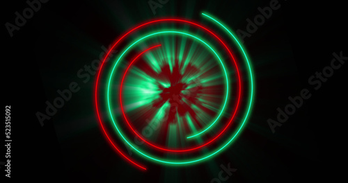 Image of glowing red and green circles over black background