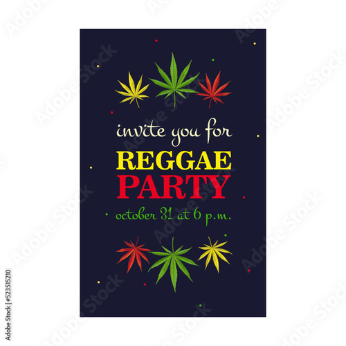 Reggae party invitation design with natural ganja. Trendy big holiday invitations with text. Celebration and legal drug concept. Template for leaflet, banner or flyer