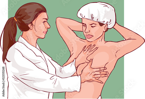 Breast cancer examination at a doctor and symptoms vector illustration
