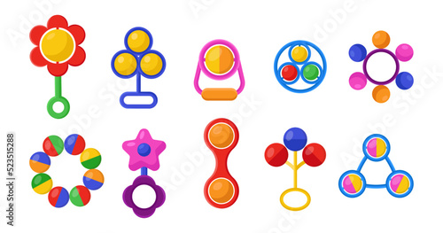 Cute rattles for newborn babies flat vector illustrations set. Collection of cartoon drawings of toys for infants isolated on white background. Childhood, toys, entertainment concept