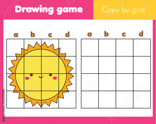 Draw cute sun. Grid copy worksheet. educational children game. Printable drawing activity for toddlers and kids.