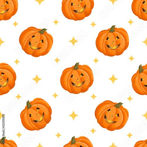 Seamless pattern with a pumpkin with a halloween face with stars. October harvest. Vector illustration for fabrics, textures, wallpapers, posters, cards. Editable elements.