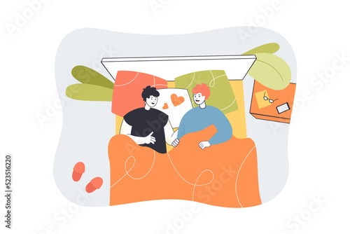Homosexual couple lying in bed under blanket. Two young men with hearts above heads flat vector illustration. Love, romantic relationship concept for banner, website design or landing web page