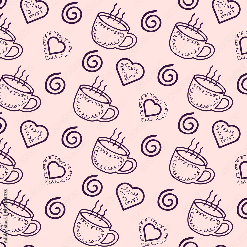 Seamless pattern with coffee cup and hearts. Doodle style. Stock seamless pattern vector illustration.