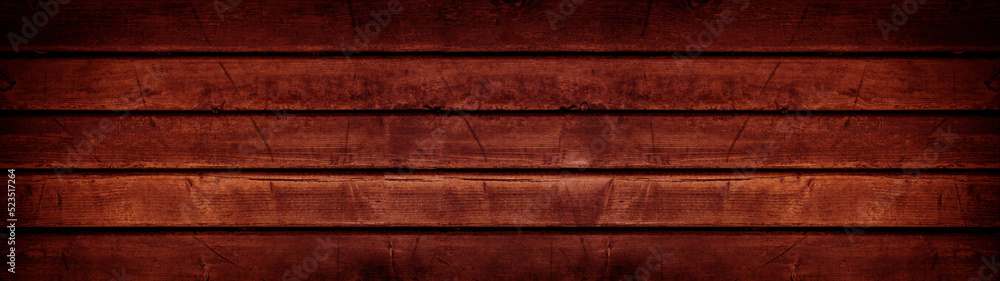 Fototapeta premium Old grunge rustic red colored dark wood table floor or wall texture - Wooden timber background banner panorama