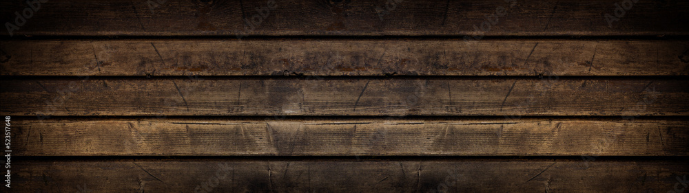 Fototapeta premium Old grunge rustic brown dark wood table floor or wall texture - Wooden timber background banner panorama