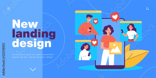 Tiny people on phone screens giving likes to bloggers content. Woman holding picture from channel in hand flat vector illustration. Blog concept for banner, website design or landing web page