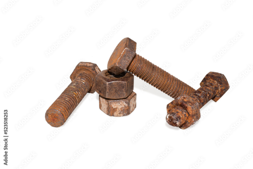 Old Rusty bolt and nut over isolated on white  background