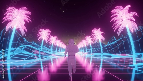 Astronaut runs surrounded by flashing neon lights. Music and retrowave concept. 3d illustration