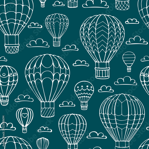 Seamless pattern hot air balloon and cloud. Hand drawn outline doodle. Vector illustration.