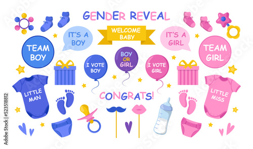 Cute gender reveal party elements vector illustrations set. Pink and blue baby shower elements for photo, card or invitation, rattles for boys and girls on white background. Family, childbirth concept