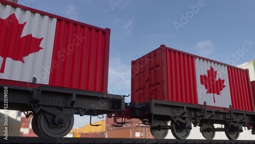 Containers with the flag of Canada. Railway transportation. 3d illustration