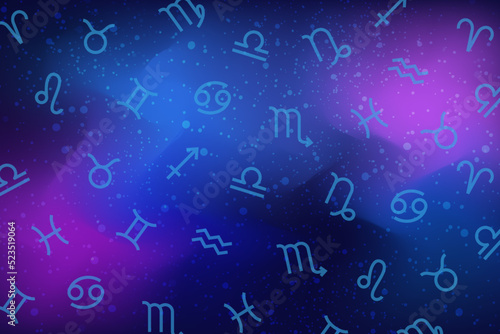 The twelve signs of the zodiac are randomly placed against the background of the cosmos