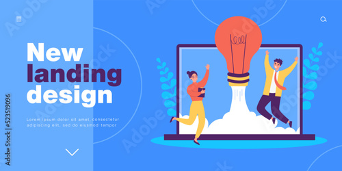 Startup rocket launch by happy business people. Success of new project of tiny man and woman flat vector illustration. Entrepreneurship, venture concept for banner, website design or landing web page