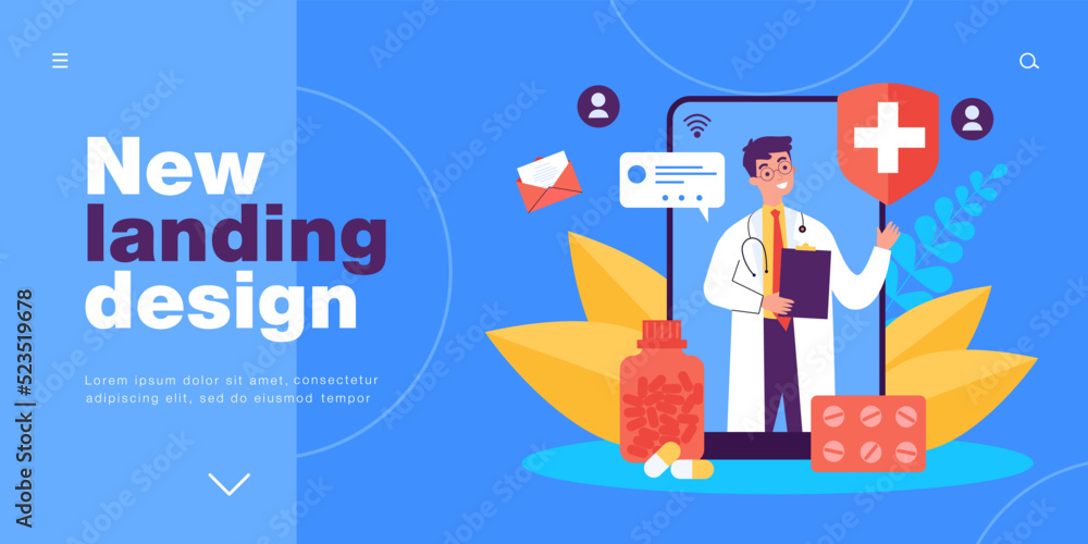 Telehealth mobile app with doctor on phone screen. Online advices of man with stethoscope flat vector illustration. Telemedicine, healthcare concept for banner, website design or landing web page