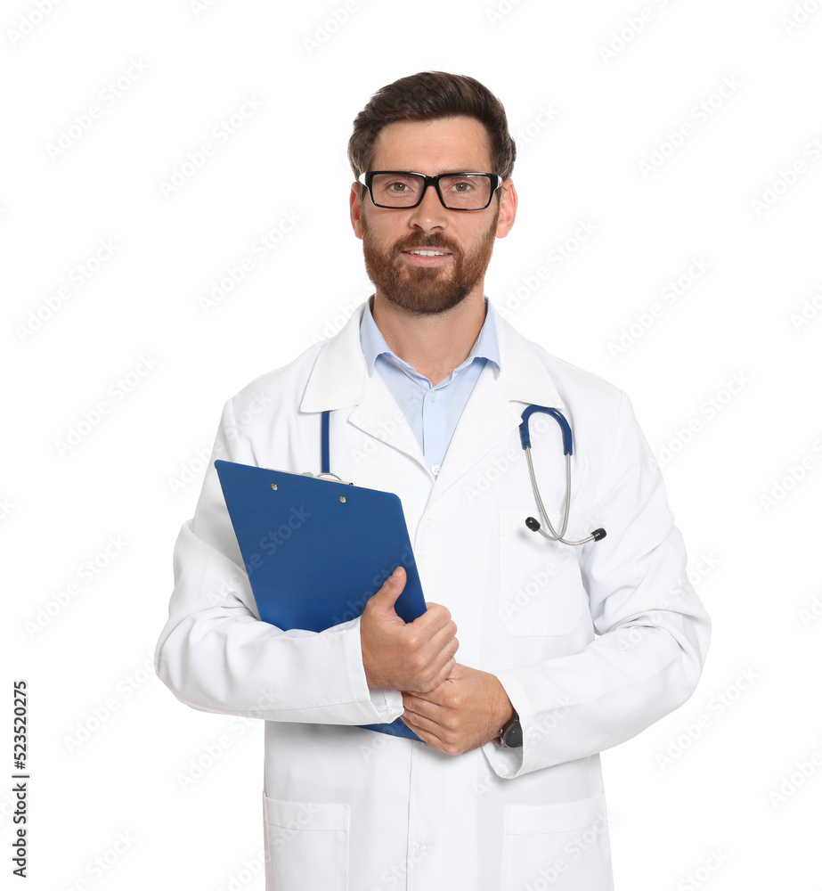 Doctor with stethoscope and clipboard on white background Doctor with stethoscope and clipboard on white background