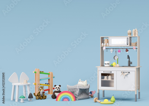 Children's toys on blue background with copy space. Multicolored wooden and plush toys for toddler or baby. Play kitchen with wooden dishes. Empty space for your text, advertising, 3d rendering.