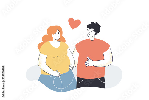 Pregnant wife and husband standing with heart above heads. Man and woman expecting baby flat vector illustration. Pregnancy, family, love concept for banner, website design or landing web page