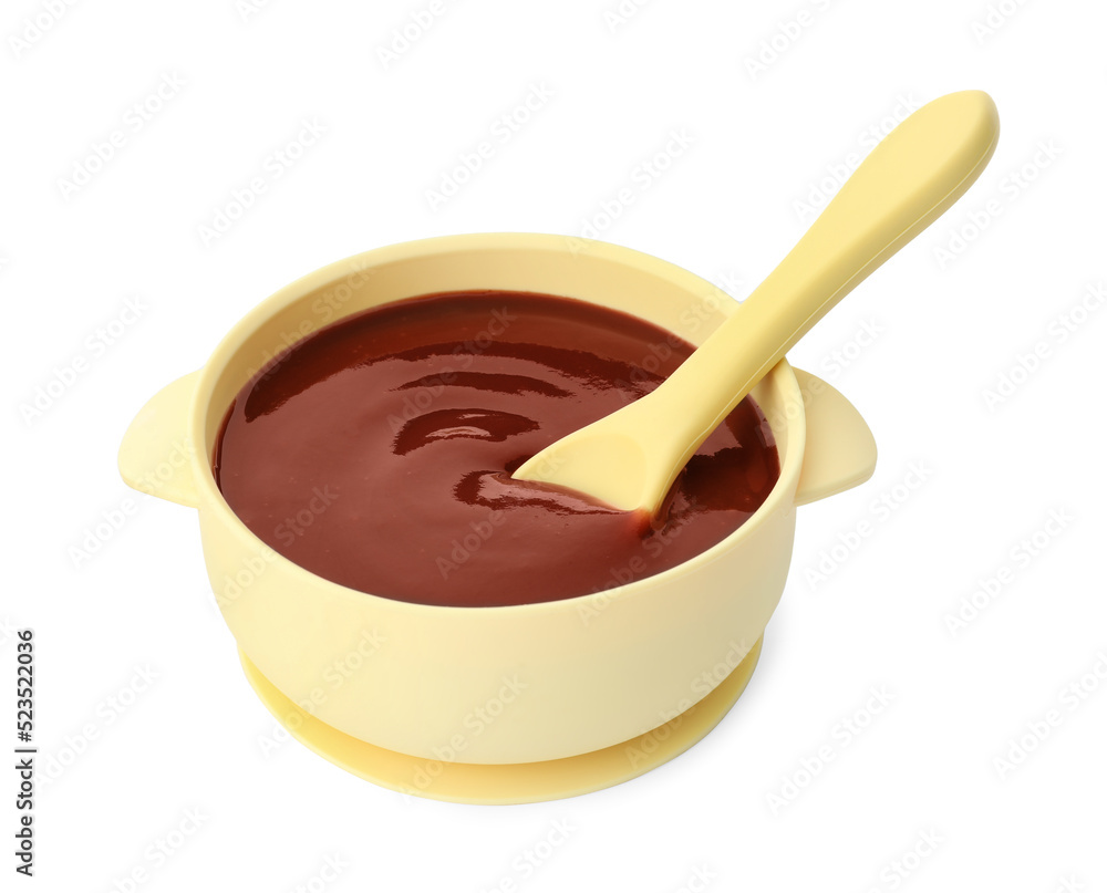 Bowl and spoon with tasty pureed baby food isolated on white Bowl and spoon with tasty pureed baby food isolated on white