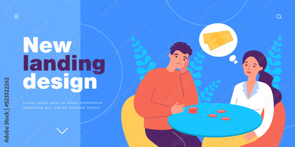 Sad couple sitting at table and counting money coins. Stress of man and woman with financial problems flat vector illustration. Budget, poverty concept for banner, website design or landing web page Sad couple sitting at table and counting money coins. Stress of man and woman with financial problems flat vector illustration. Budget, poverty concept for banner, website design or landing web page