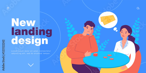Sad couple sitting at table and counting money coins. Stress of man and woman with financial problems flat vector illustration. Budget, poverty concept for banner, website design or landing web page