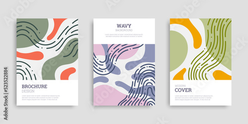 Set of abstract covers with fluid shapes. Collection of A4 backgrounds with wavy shapes. Template in hand drawn style. Vector illustration. Branding design for cover, card, flyer, poster, banner.