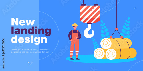 Industrial worker moving heavy construction materials with crane. Man using factory equipment for loading flat vector illustration. Industry concept for banner, website design or landing web page