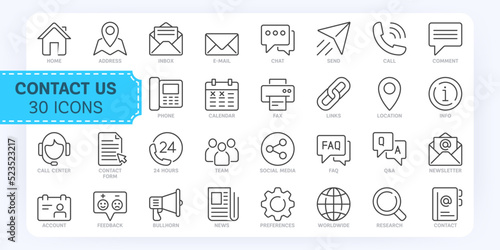 Contact Us Thin Line Icons Set. Outline Icons Collection. Editable Stroke.