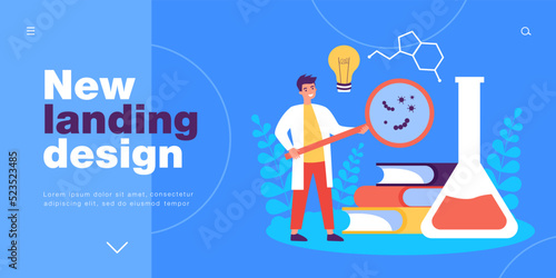 Scientific research of microbes by scientist. Tiny man with magnifying glass, light bulb and books flat vector illustration. Science, development concept for banner, website design or landing web page